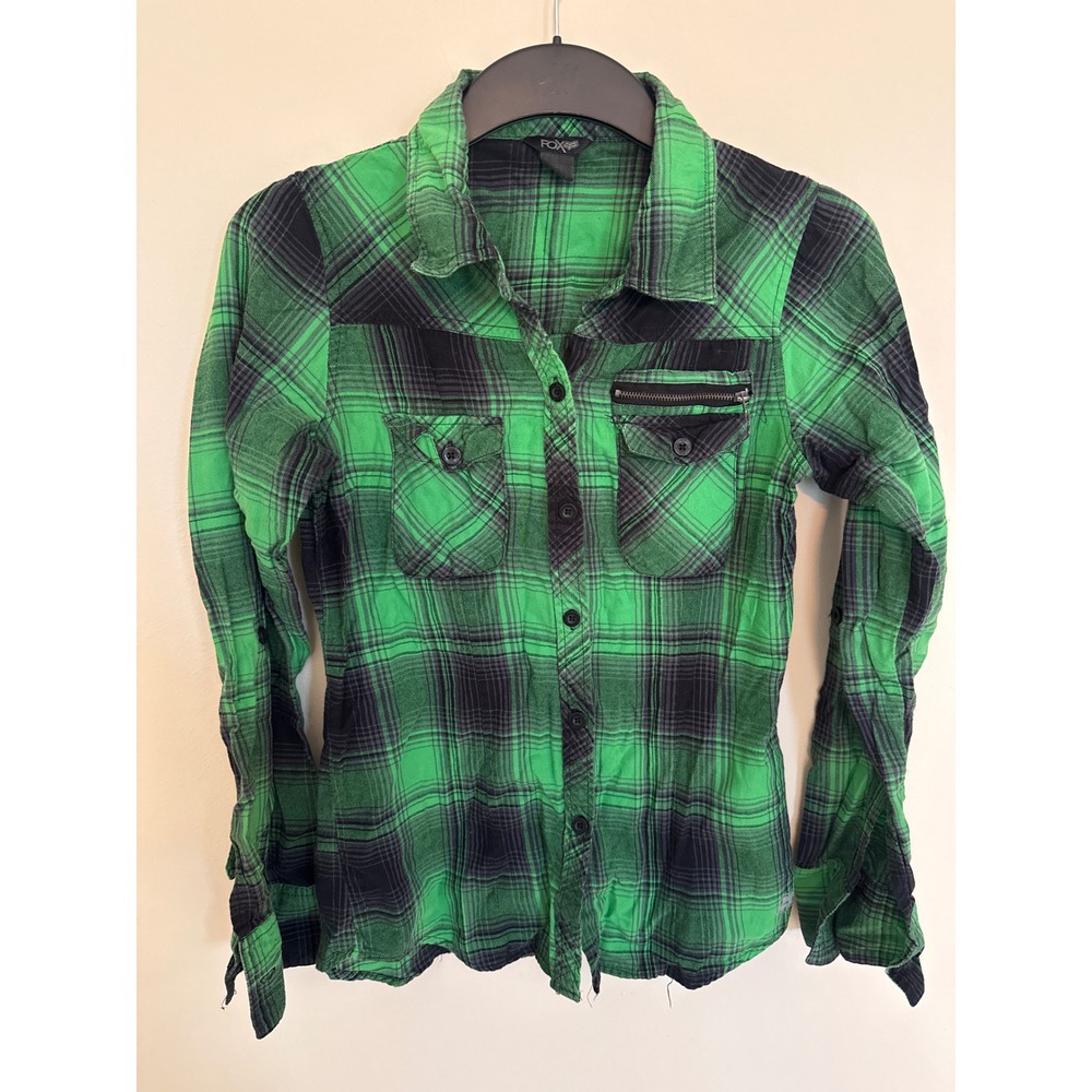 Fox Racing Womens Green Black Plaid Flannel Button Down Shirt Zipper Pocket